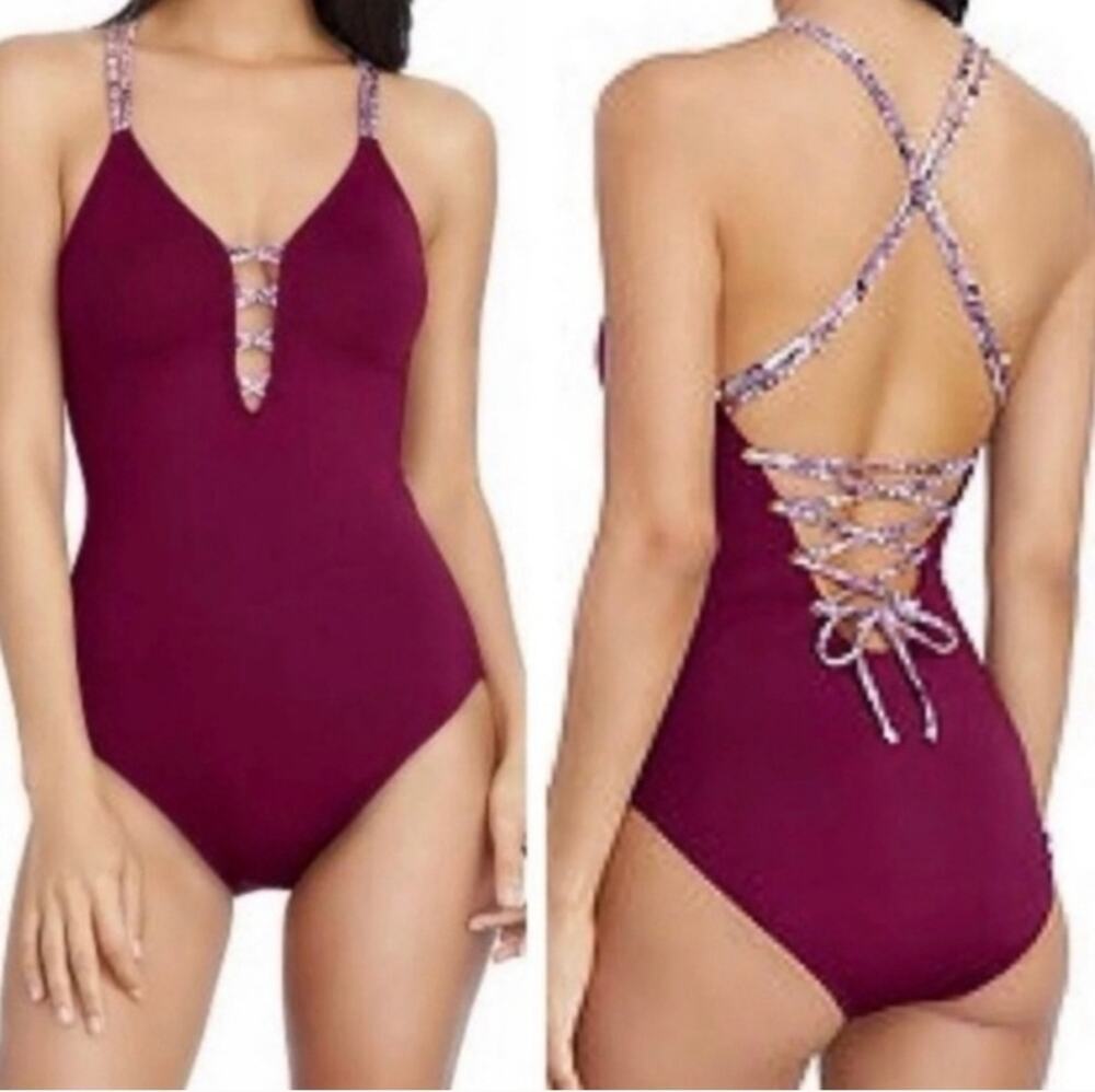 NWT Ambrielle | Bordeaux Strappy Lace Up One Piece Swimsuit